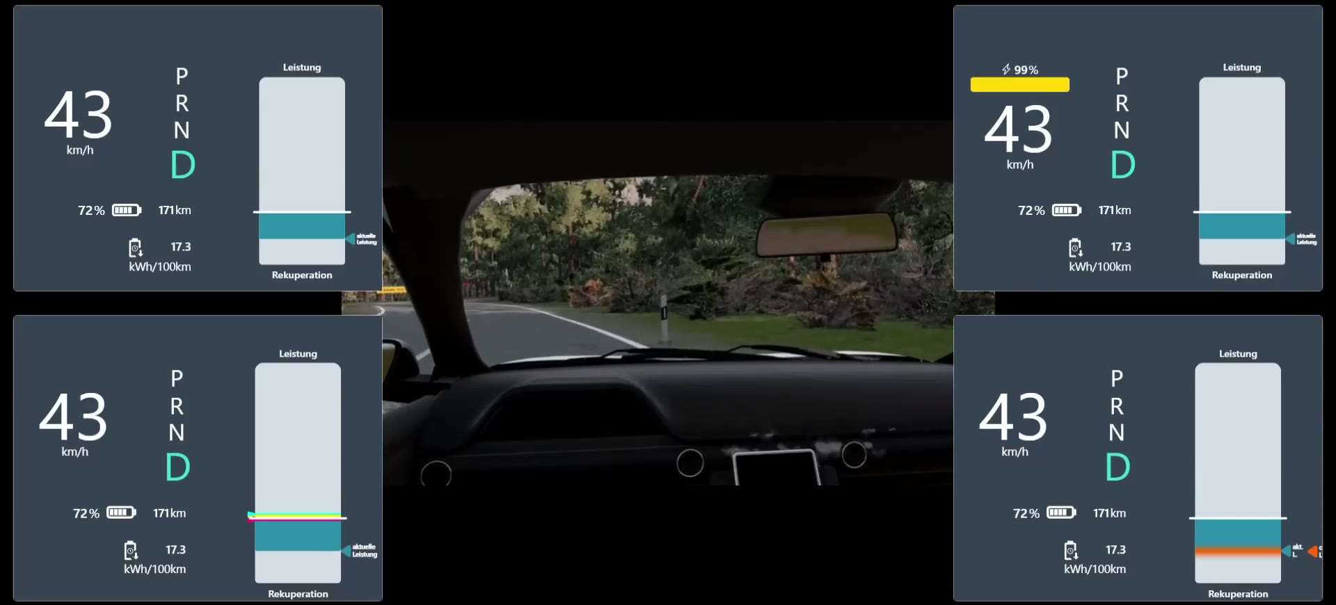 A recorded driving video with four eco-displays next to it, each rendered live from the driving data.