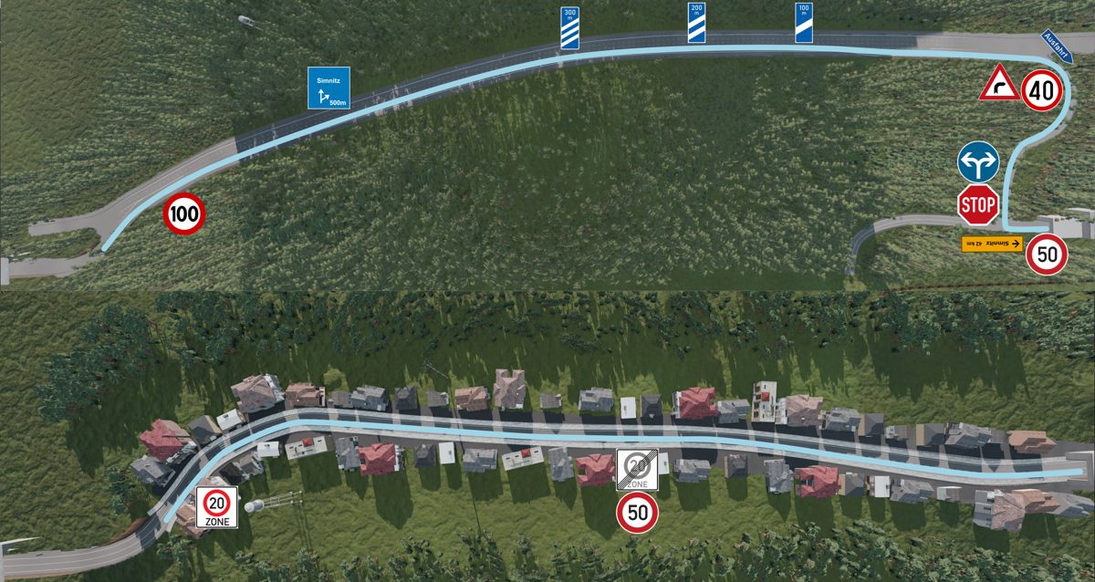 Map of the test park from above with traffic signs along the road.